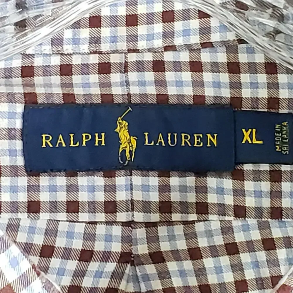 Polo Ralph Lauren Oxford Shirt Mens Size XL Plaid Brown Blue LS Button Down